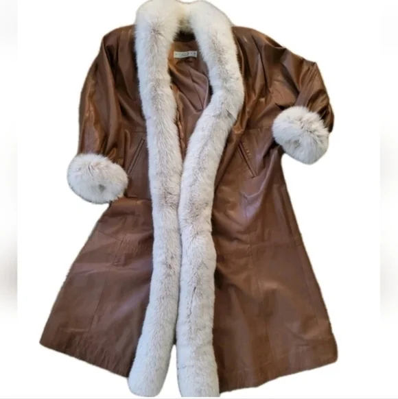 STAVROS Vtg Penny Lane Leather Coat Fox Fur Trim 80s - Picture 2 of 16